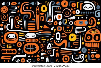 dibujar sobre un fondo negro con colores diferentes, en forma repetitiva, naranja oscuro y blanco, burgerman jon, formas orgánicas y líneas curvadas, maya rubén, textura compleja, c simplista