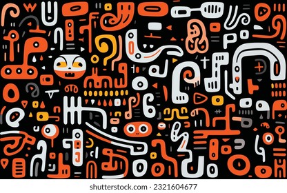 drawing on a black background with different colors, in the style of repetitive shapes, dark orange and white, jon burgerman, organic shapes and curved lines