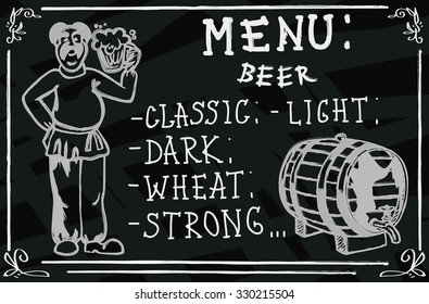 drawing on the blackboard man with a beer in hand and a menu
