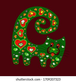Drawing on brown, green and red colours. Seamless pattern book page with doodles pattern cat. Beautiful pattern for packaging, Wallpapers, textile, scrapbooking. Vector illustration.