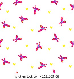 Drawing on cartoon style butterflies fly on white background and set of little yellow hearts. Romantic motives repeated backdrop. beautiful girlish wallpaper