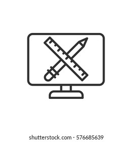 Drawing on the computer. pencil and ruler on the screen
