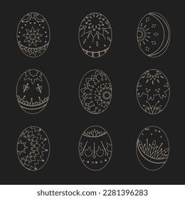 Drawing on a dark background, a set of Easter eggs with beautiful patterns in the style of doodle