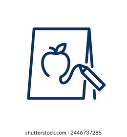Drawing On Easel Icon. Thin Line Illustration of Creative Kid's Art Activity with Apple Illustration and Pencil. Isolated Outline Vector Sign.	