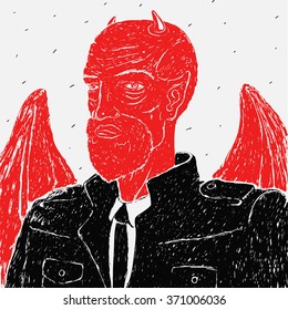 Drawing on a graphic tablet. Vector Devil in a business suit.