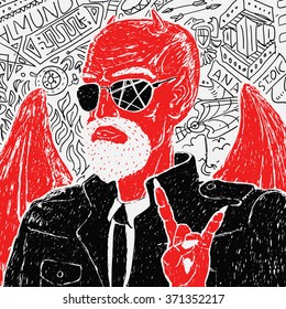 Drawing on a graphic tablet. Vector Red Devil Biker in Jacket.