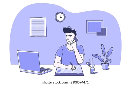 Drawing on a graphics tablet. Graphic designer at work discussing a project. Communicate with the client using mobile communication. Work from home or in the office. Freelance. Earn money. Web design.