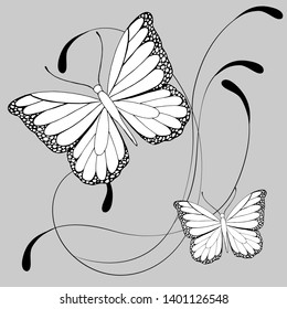drawing on a gray background, butterflies and curls