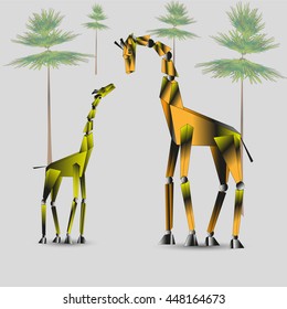 Drawing on a gray background family mother and baby giraffe back of trees