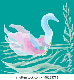 Drawing on a green background delicate watercolor duck on the pond waves for decoration and design