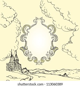 Drawing on a medieval theme with heraldic background for text. Vector illustration.