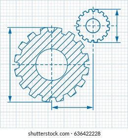 Drawing on millimeter paper with two cogwheels. Mechanical transmission. Flat vector cartoon illustration. Objects isolated on a white background.