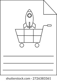 Un dibujo en una página un cohete encima de un Carrito de compras con líneas abajo y una esquina doblada arriba