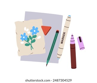 Drawing on paper and art supplies. Botanical painting, hand-drawn flower on sheet, pen, pencil, marker. Artists accessories. Creative hobby. Flat vector illustration isolated on white background