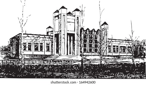 Drawing on paper. Image of a detached building.