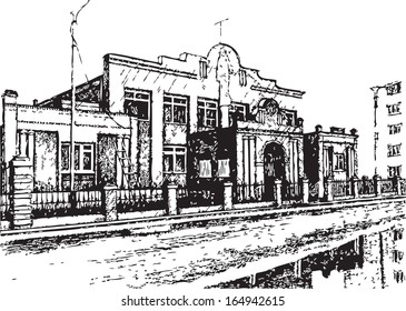 Drawing on paper. Image of a detached building.