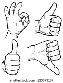 Drawing on paper. Image of hands with different gestures.