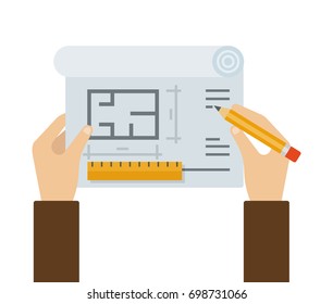 Drawing on a paper sheet in the hands of a man with a pencil and ruler vector flat material design isolated on white