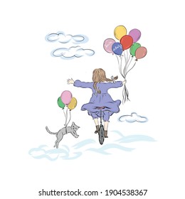 Drawing on postcard happy birthday. Don't stop dreaming. Girl with cat flies on balloons. Fabulous vector illustration. Drawing for children's book