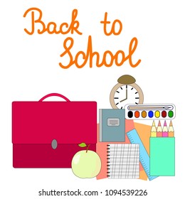 Drawing on a school theme, school supplies, school bag, pencils, paint, notebook vector illustration