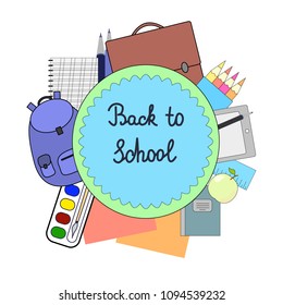Drawing on a school theme, school supplies, school bag, pencils, paint, notebook vector illustration