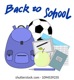 Drawing on a school theme, school supplies, school bag, pencils, paint, notebook vector illustration