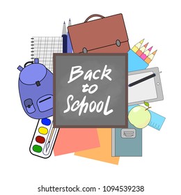 Drawing on a school theme, school supplies, school bag, pencils, paint, notebook vector illustration