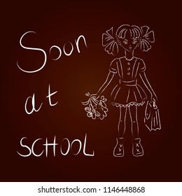 A drawing on a tablet imitating a chalk drawing on a school board.A little girl with a briefcase and a bouquet of flowers goes to the first class, a white outline sketch drawing on a brown background.