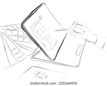 Drawing on a tablet vector. Close up plan design digital art creating