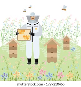 drawing on the topic of beekeeping. beekeeper at work in a meadow among beehives. a drawing in the style of the cartoon. stock vector illustration. EPS 10.