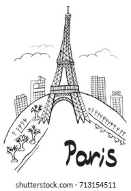drawing on a white background Eiffel tower in Paris, the city and the inscription