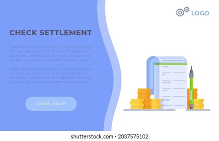 Drawing on white and blue background. Vector illustration of check settlement. 