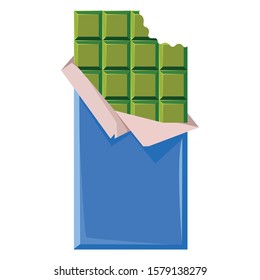 Drawing on a white isolated background. A bitten chocolate made of green motcha powder in a blue wrapper. The traditional sweetness of Asia and Japan. Vector illustration in cartoon flat style.