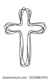 drawing with one black line on a white background depicting a cross, a crucifixion.