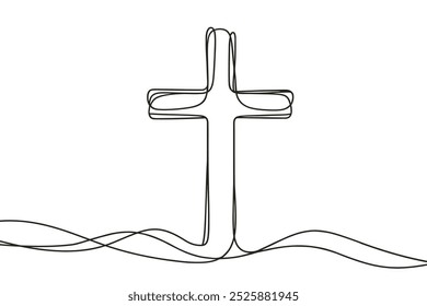 drawing with one black line on a white background depicting a cross, a crucifixion.
