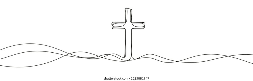 drawing with one black line on a white background depicting a cross, a crucifixion.