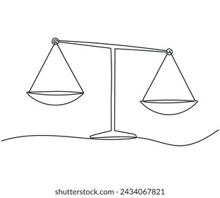 Drawing of one continuous balance line on the Scale. The symbol of the concept of equality and balance is the logo for the company in a simple linear style. Vector illustration by hand with