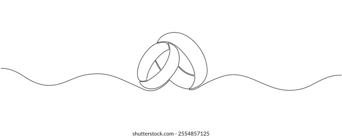 Drawing one continuous line of engagement rings. Symbol of love, engagement, marriage.  Romantic template for invitations and cards in simple linear style. Vector editable illustration.