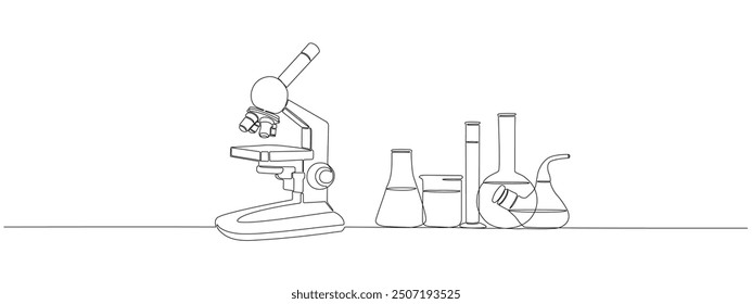 Dibujo de una línea continua de microscopio y matraces de laboratorio y tubos de ensayo. Equipo de laboratorio de estilo de línea única. Concepto de investigación científica y médica. Vector ilustración editable.