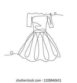 Drawing one continuous line. Short dress with full skirt. Linear style