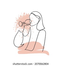 Drawing in one continuous line style of woman drinks wine or champagne from  glass. Hand drawn vector. 