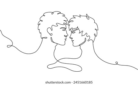 Drawing with one continuous line. Two guys in love. Two faces are single line. Vector illustration isolated on white background.