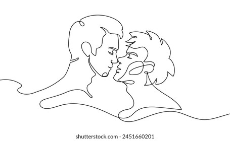 Drawing with one continuous line. Two guys in love. Two faces one line. Vector illustration isolated on white background.