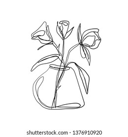 drawing one continuous line of a vase with a flower isolated on white background. Set of hand drawn doodle sketches 