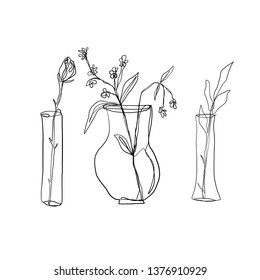 drawing one continuous line of a vase with a flower isolated on white background. Set of hand drawn doodle sketches 