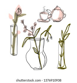 drawing one continuous line of a vase with a flower, cup and teapot isolated on white background. Set of hand drawn doodle sketches 