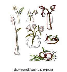 drawing one continuous line of a  vase with flower, a bowl of fruit isolated on white background. Set of hand drawn doodle sketches 