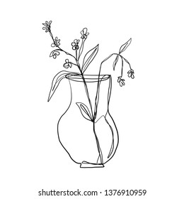 drawing one continuous line of a vase with a flower isolated on white background. Set of hand drawn doodle sketches 