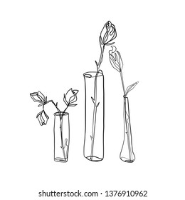drawing one continuous line of a vase with a flower isolated on white background. Set of hand drawn doodle sketches 