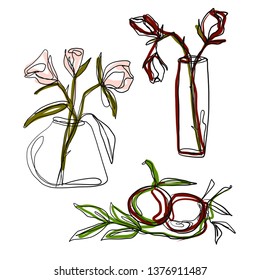 drawing one continuous line of a vase with a flower isolated on white background. Set of hand drawn doodle sketches 